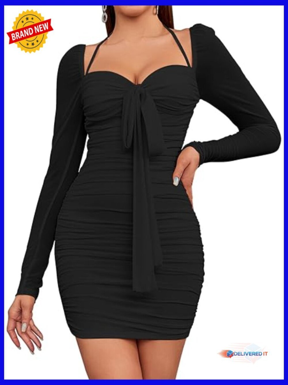 Long Sleeve Bodycon Mini Dress Backless Ruched Party Club Night Out